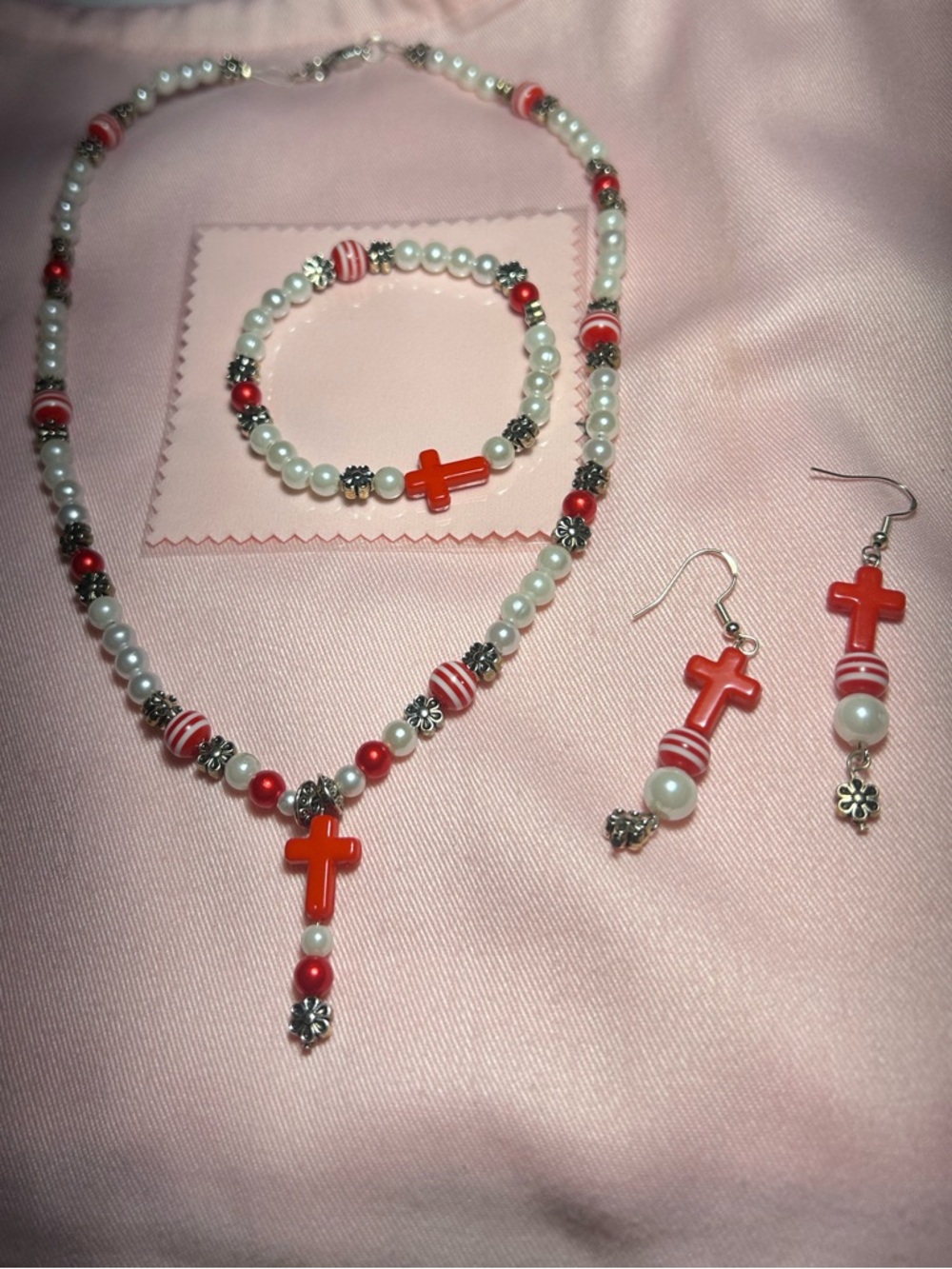 Red & White Cross Bead Necklace Set with Matching Bracelet and Earrings
